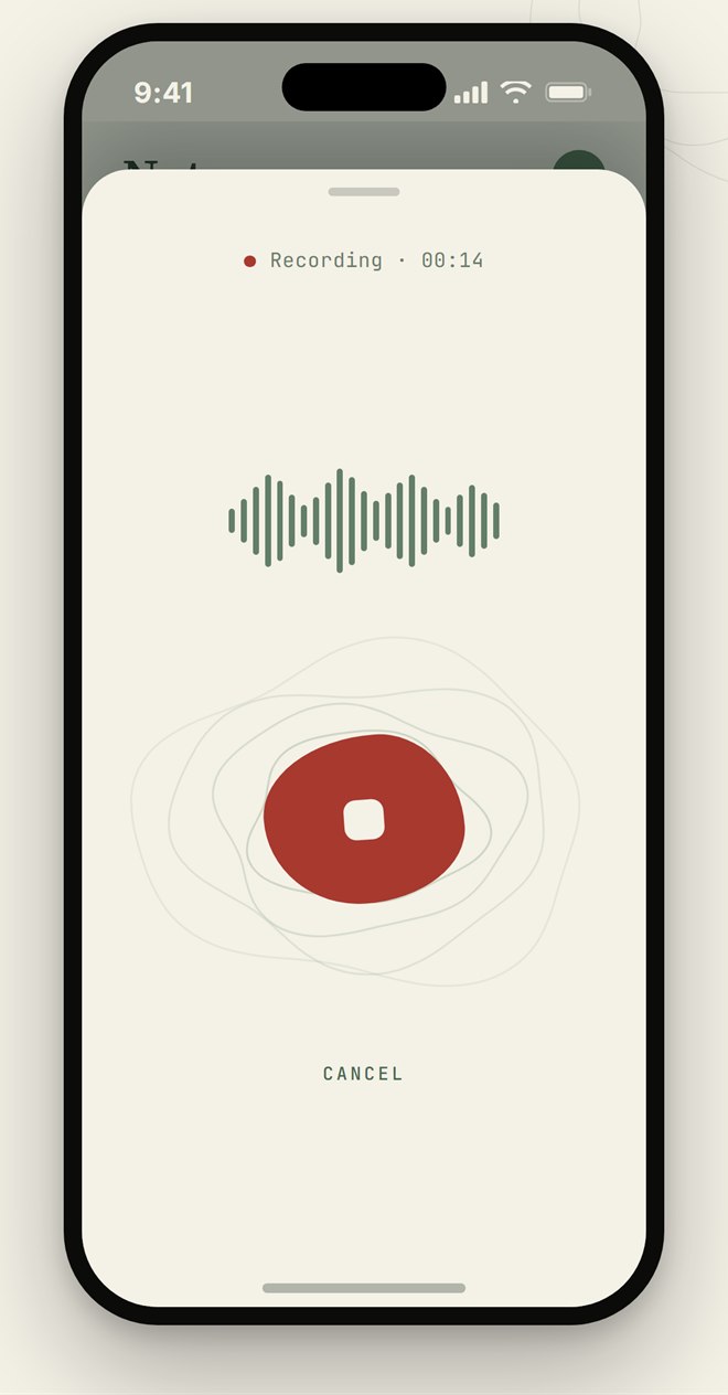 Scinta's capture screen: a recording in progress with a live waveform and the day's notes listed below