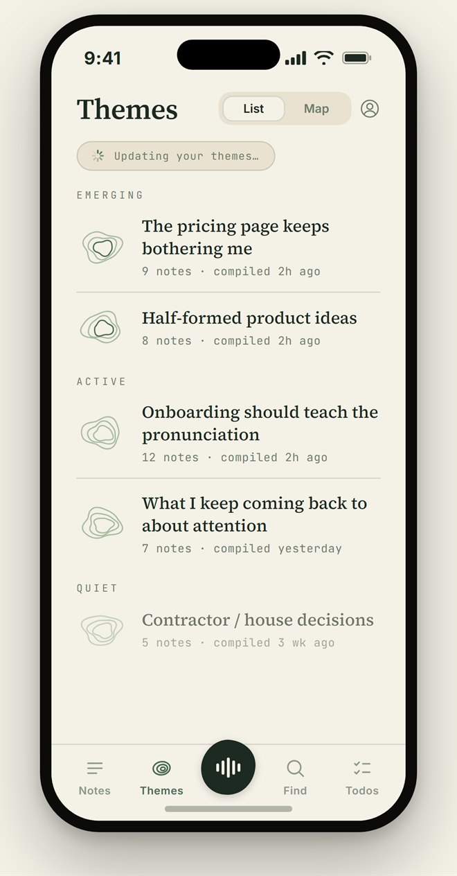 The Themes tab: emerging and active themes listed with topographic thumbnails