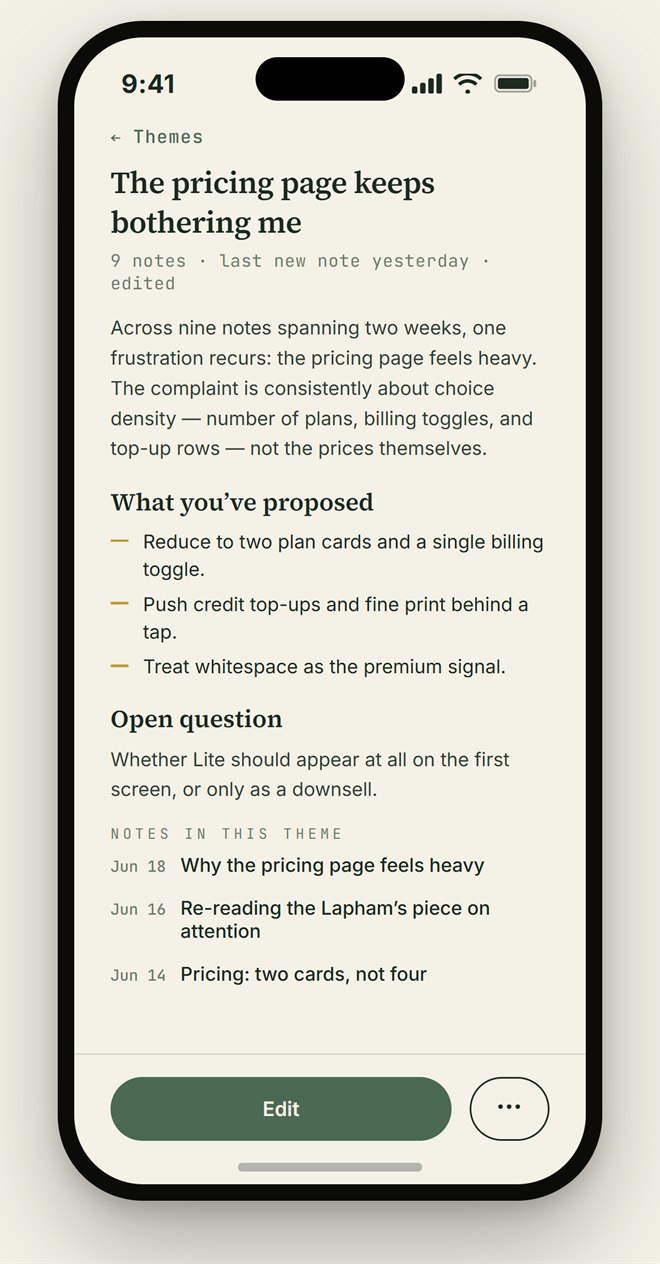 A theme page: a written article compiled from related voice notes, with sources cited
