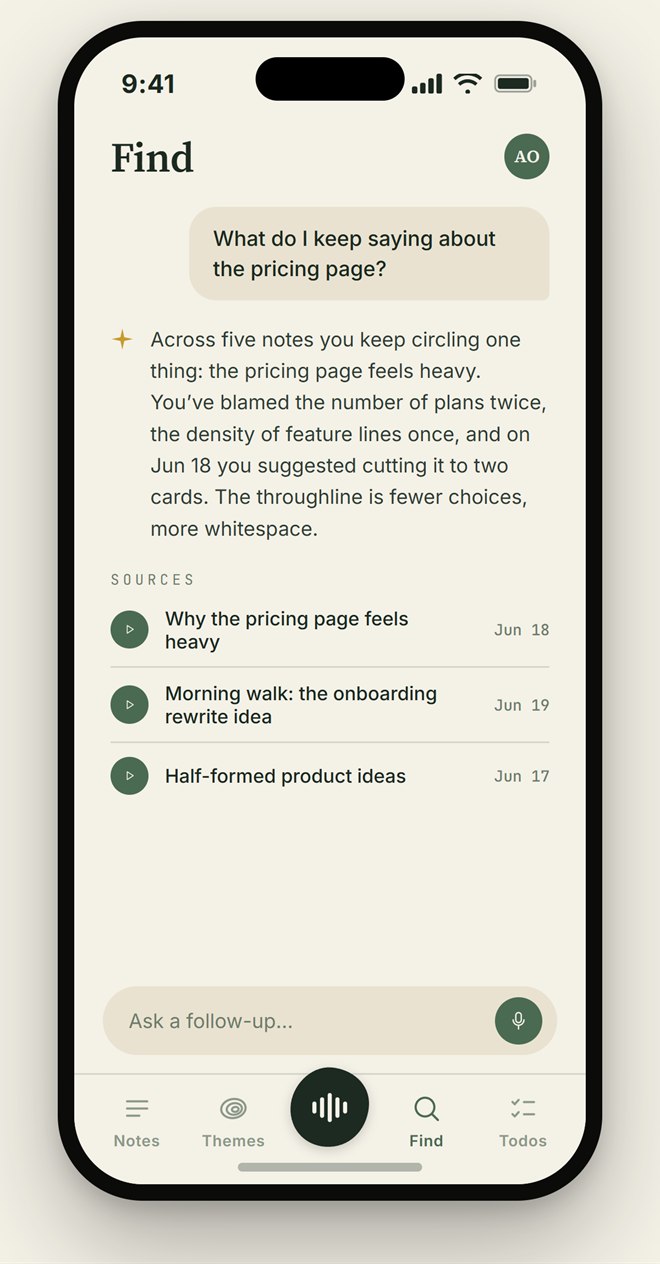 The Find tab: instant search across notes, and a question answered from the user's own notes with citations