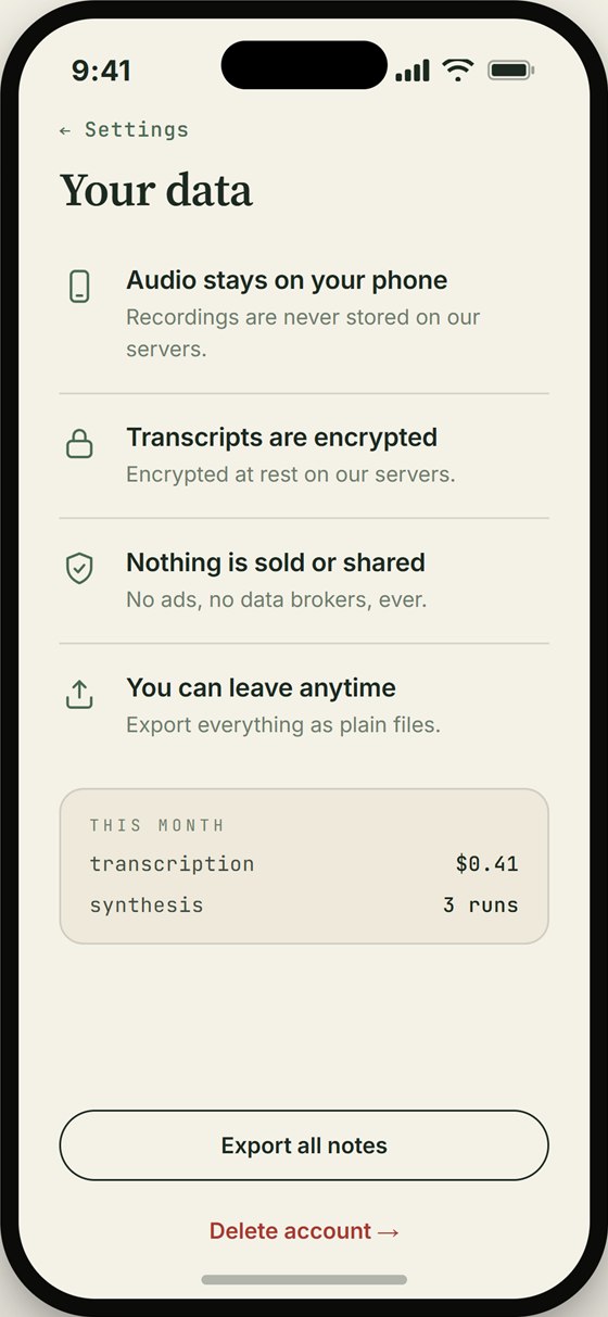 Scinta's Data and Privacy screen showing exactly where audio and transcripts live